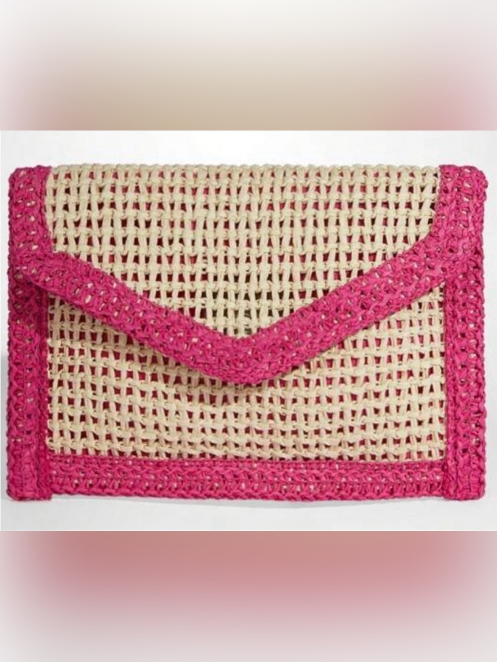 Woven Straw Clutch with Pink Trim